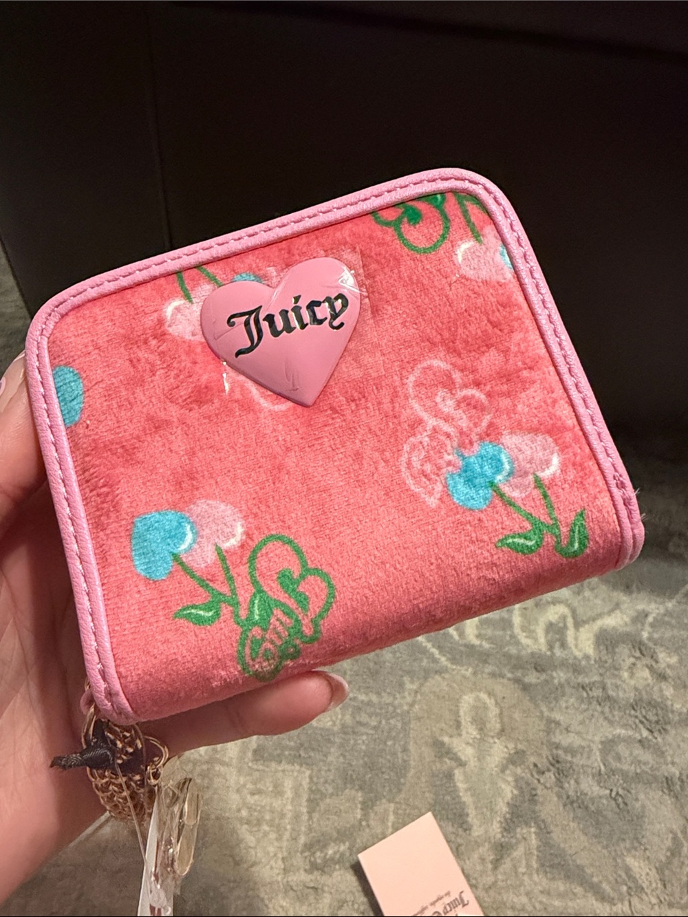 Juicy Couture Pink Cherry Zip Wristlet with Gold Chain